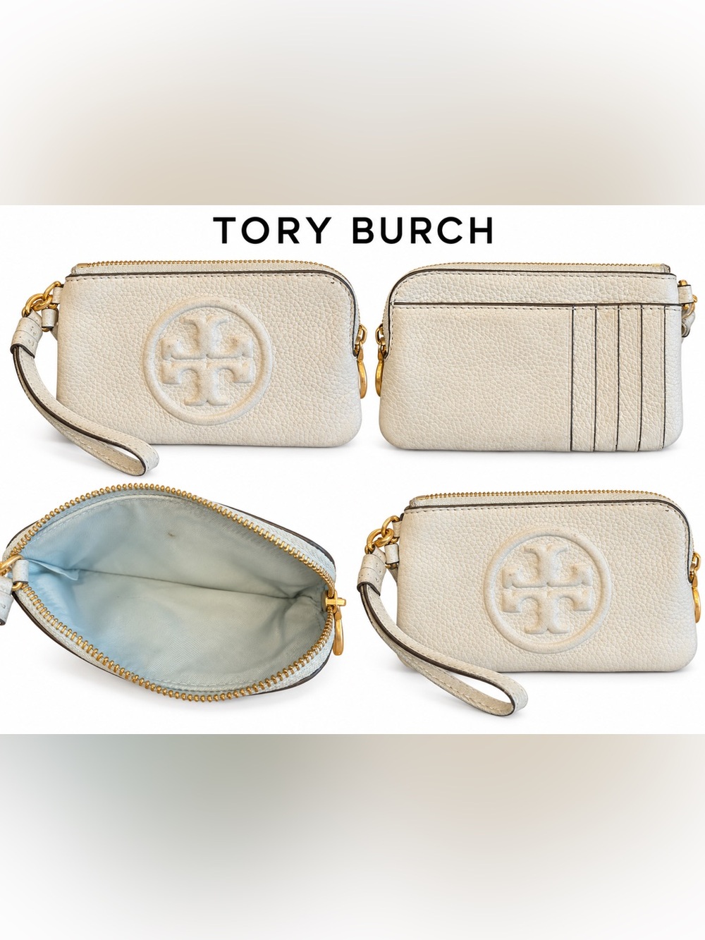 Tory Burch Cream Pebbled Leather Wristlet with Logo